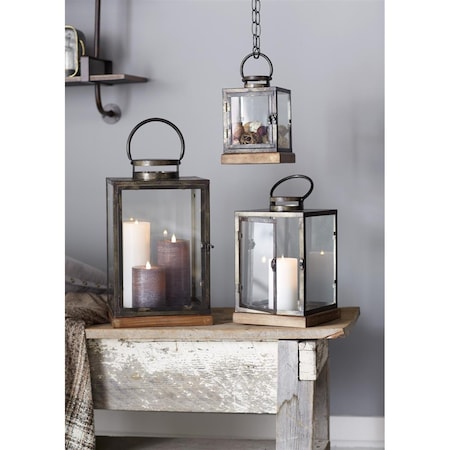 Melrose International Melrose International 66427DS 12; 16.5 & 21.5 in. Metal - Glass & Wood Lanterns - Antique & Pewter; Set of 3 66427